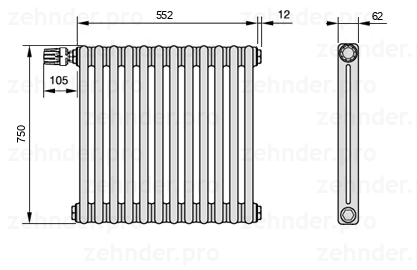 Схема (чертеж) Радиатор Zehnder Charleston 2075/12 №V012 Белый глянцевый RAL 9016
